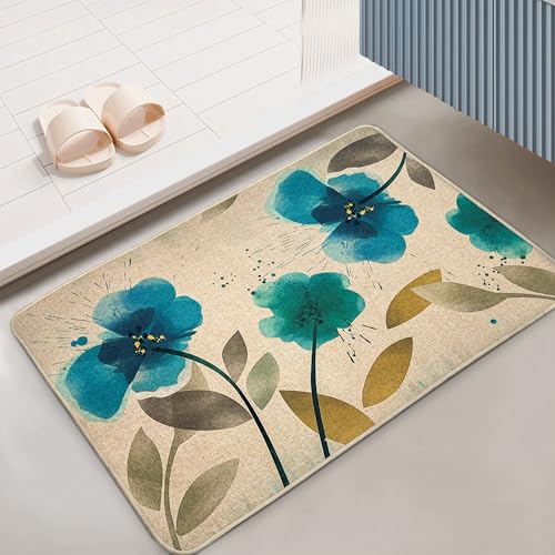 Image of Yellow Weaves 1 Pc Jute Texture Non-Slip Bathmat, Water Absorbent Floor mat, Rugs, Door Mats for Bathroom, Living Room, Bedroom, Entrance, Outdoor, Kitchen, Office (Teal Blue Floral)