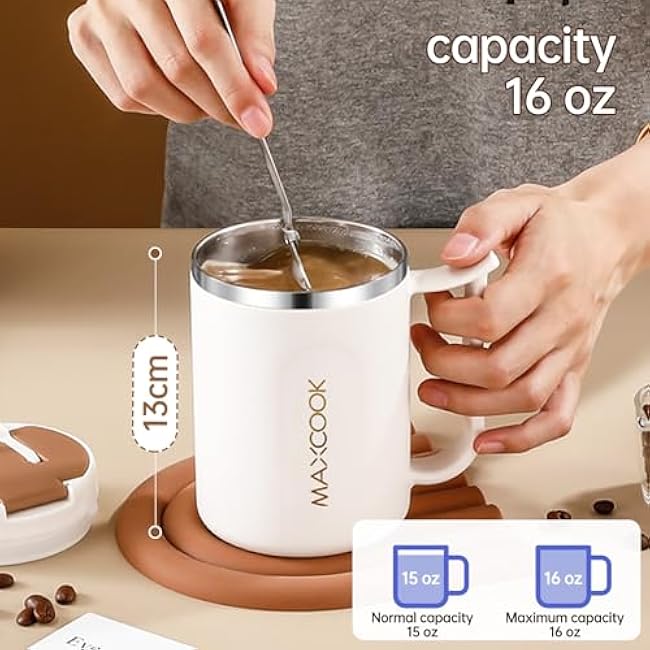 16 oz Coffee Mug With Lid 18/8 Stainless Steel Reusable Insulated Coffee Travel Mug With Foldable Spoon Grey Lid