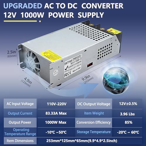 Image of New Upgraded DIY SMPS 110V AC to DC 12V 83A 1000W Power Supply,12v Power Supply,110v to 12V Converter Voltage Transformer for Motor Pump CCTV 3D Printer Air Compressor Led (12V-83A-1000W)