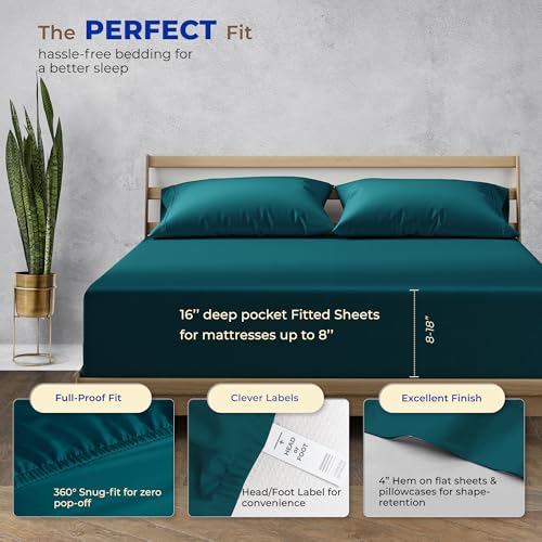 Image of THREAD SPREAD Full Size Bed Sheets, Luxury 1000 Series Paradise Collection 100% Egyptian Cotton Sheets Full Size Set (4 PC, Teal), Silky Soft, Cooling, Sateen, 16 inch Deep Pocket Hotel Sheet Set