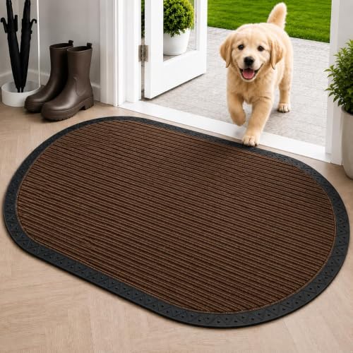 Image of Heavy Duty Front Door Mat 60 x 100 cm, Outdoor Indoor Welcome Mat, Non Slip Dirt Trapper Entrance Rug for Entryway, Patio & Porch,Washable Low Profile Foot Mat (Brown Oval 2 x 3.2 feet)