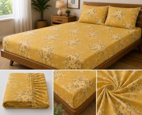 Image of Fitted Bedsheet Yellow Golden Floral Print Glace Cotton 210 TC | King Size for Double Bed Fits 6 x 6.5 ft Mattress (72 x 78 Inch) | All Around Elastic | 2 Pillow Covers | 10 Inch Deep Pocket