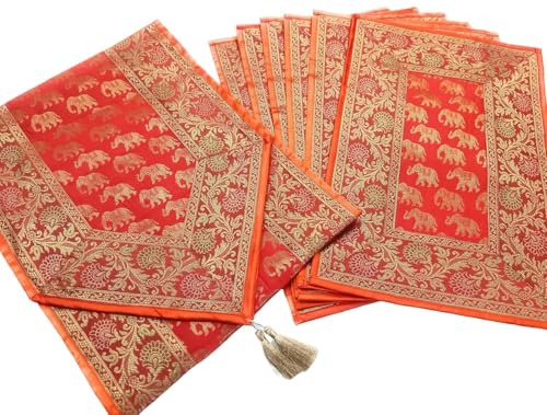 Image of Diwali Room Decor Silk Table Runner Placemats Tea Coaster Set for Living Room 4 to 6 Seater Dinning Table Table Mat Set Centre Table Top Decor Pack of 13 Pcs (Orange)