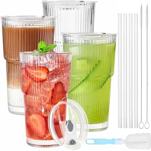 20oz Glass Tumblers with Lids and Straws,4 Pcs Ribbed Glass Cups ...