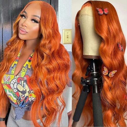 Image of 30 Inch Lace Front Wig Human Hair Pre Plucked 13X4 Ginger Orange Body Wave Human Hair Wigs for Black Women HD Lace Frontal Wig 180% Density