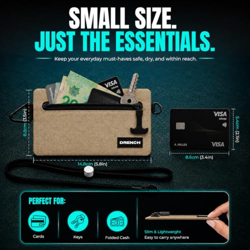 Image of Drench RFID Waterproof Floating Wallet IPX8 Dry Bag for Cards & Cash, Tan | IPX8 waterproof RFID wallet for cards, cash & keys with floating design, adjustable lanyard, belt loop & carabiner