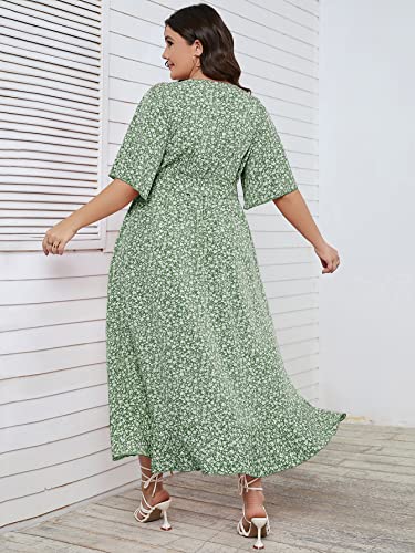 Image of SCOMCHIC Women Plus Size Maxi Dress Short Sleeve Wrap V Neck High Low Split Ruffle Long Dress
