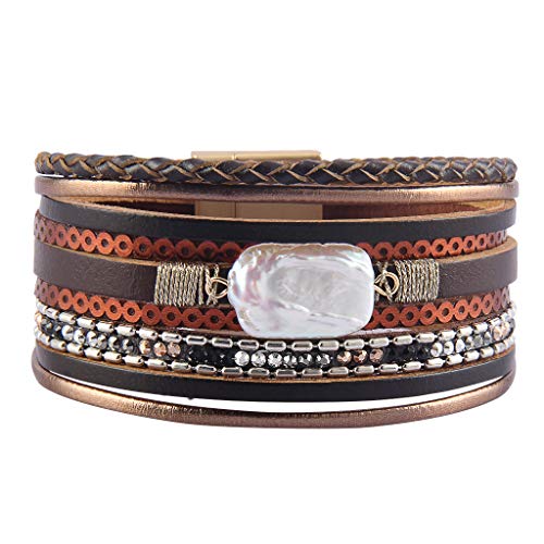 GelConnie Leather Cuff Bracelet Baroque Pearl Wrap Bracelets Bohemian Braided Bracelet for Women, Wife, Sister Gifts