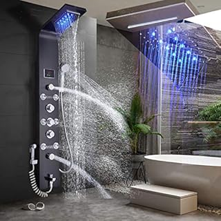 FUZ Shower wall Panel Tower System,7-Function Shower System Set Rainfall Waterfall LED Shower Head+Handheld Sprayer+Massage Body Jets+Tub Spout+Bidet Tap,Oil Rubbed Bronze…