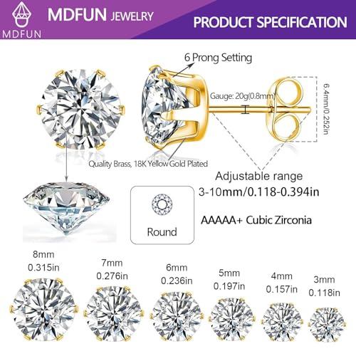 MDFUN 6 Pairs 3mm 18K Yellow Gold Plated Earrings Set Round 5A+ Cubic Zirconia Stud Earring Hypoallergenic CZ 6 Prong Ears Jewelry for Women - Pack of 6 by MDFUN - Image 5
