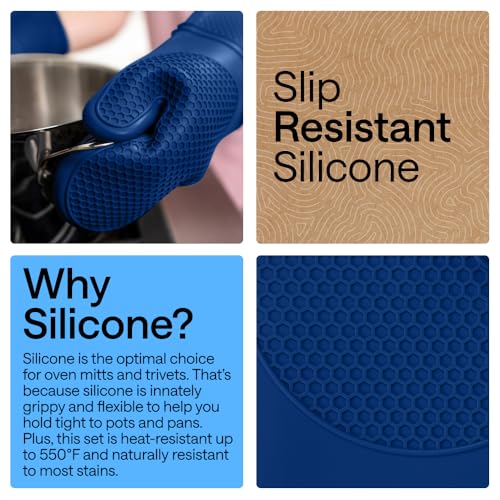 Image of GORILLA GRIP BPA-Free Soft Silicone Oven Mitts and Pot Holders Sets of 4, Heat Resistant Waterproof Cooking Gloves, Thick Cotton Lining, Flexible Gripping for Baking Grilling, Kitchen Trivets, Blue