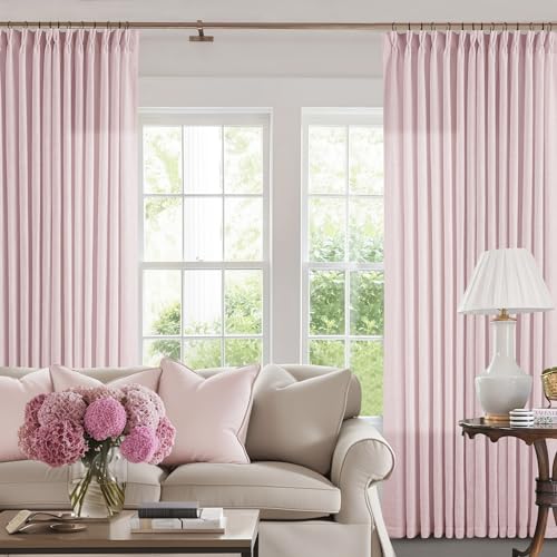 TWODRAPES Pinch Pleat Light Pink Semi Sheer Curtains 108 Inches Long for Girls Bedroom Living Room Light Filtering Pleated Linen 108 Inch Curtains Drape Window 2 Panels Set Pink Blush Babys Nursery