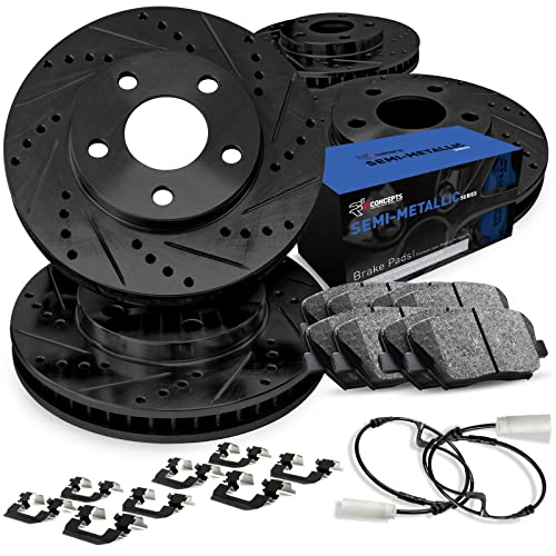 Image of R1 Concepts Front and Rear Brake Kit Fits 2013-2018 BMW 320i; 2014-2018 BMW 328d; 2015-2016 BMW 328i| Semi Met Pads, Drilled Slotted Rotors| Hardware, Sensor Wire| 12.3 inch Front & 11.8 inch Rear