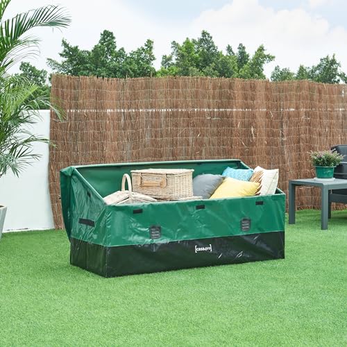 casa.pro Caja de Almacenamiento para Exteriores de 560 L Arcón Baúl Almacenaje de Jardín Arcón con Asas Fijación con Velcro Lona 100% Poliéster Impermeable Acero 155x64x75 cm - Verde/Negro