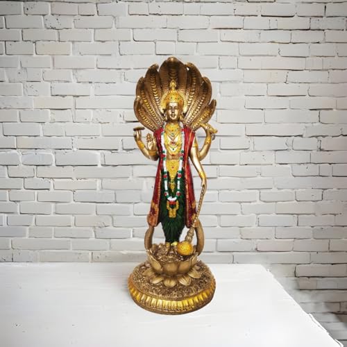 Image of YASHONIDHI Venkatesh Narayan Vishnu Bhagwan Statue, 12 Inches, Lakshminarayan Gold-Colour Murti Standing on Lotus and Sheshnag, for Home, Office Decoration, for Pooja Room