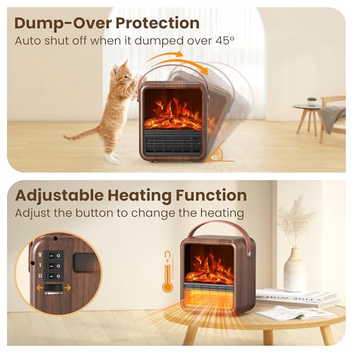 Image of Riseon Small Portable Space Heater for Indoor use with Realistic 3D Flame, Mini Electric Fireplace Heater with Thermostat, 1500W /750W PTC Ceramic Heating, Tip-Over Safety Switch, Walnut