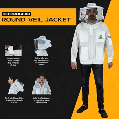 BeeProGear Jaqueta de apicultura para homens e mulheres com véu redondo, capuz de abelha de malha ul