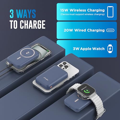 Image of URBN Curve 3 in 1 Wireless Power Bank for iPhone, 10000mAh MagSafe Fast Charging for Apple AirPods, iWatch, iPhone 12 & Above, Android & Other Qi Enabled Devices (Blue)
