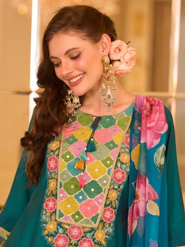 Image of INDO ERA Women's Silk Blend Floral Embroidered A-Line Kurta & Pant with Dupatta Set (IEOUT12374)