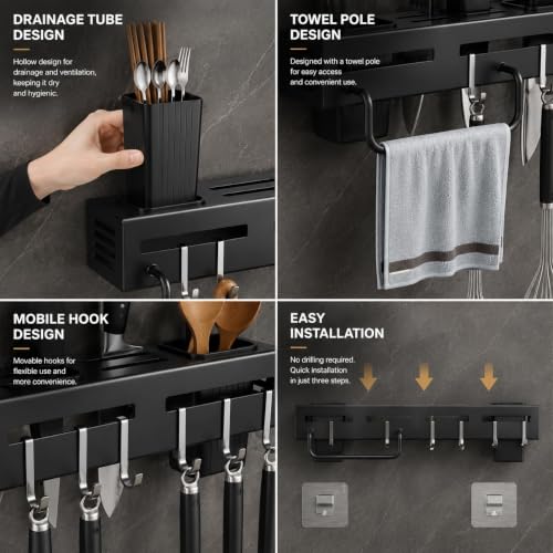 Image of ORBICA Metal Wall Mounted Kitchen Organizer with Knife Holder, Spoon & Cutlery Stand, Utensil Holder with Hooks, Multifunctional Kitchen Storage Rack for Home & Kitchen Accessories (Black)