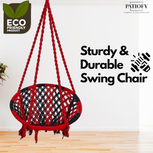 Image of Patiofy Cotton Round Swing Chair for Adults and Kids /Swing for Home, Balcony /Jhula for Adults /Jhoola for Living Room /Suitable for Indoor & Outdoor /with Hanging Kit (Red-Black)