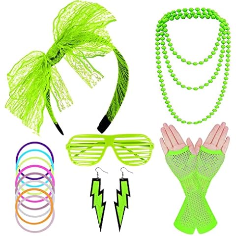 FACATH 80s Neon Necklaces Bracelets Fishnet Gloves Lace Bow Headband Neon Earrings 1980s Fancy Dress Accessories Green Party Costume for Women Girls Ladies (Green) Cover