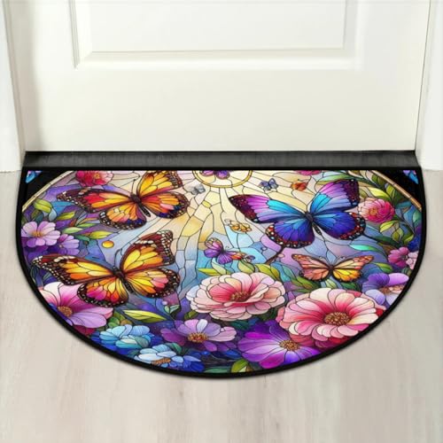 Image of Half Round Doormat Colored Butterfly Flowers Non Slip Half Circle Area Rugs Indoor Washable Half Moon Rug Semi Circle Bathroom Runner Mat Entrance Floor Carpet for Kithen Bedroom Fireplace Decor