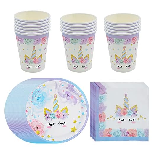 SIMUER 48 Pcs Unicornio16 Invitados Vajilla de Unicornio16 * Servilletas 16 * Platos de Papel y 16 * Tazas de Papel para Accesorio de Decoración de Fiesta de Cumpleaños