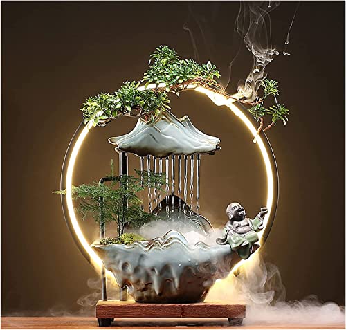 HSINYA Buddha Water Fountains Indoor and Waterfalls with 2 Buddha Statues Mist Water Fountain with Backflow Incense Holder for Feng Shui Meditation Strees Relief Japanese Decor Wealth Boom