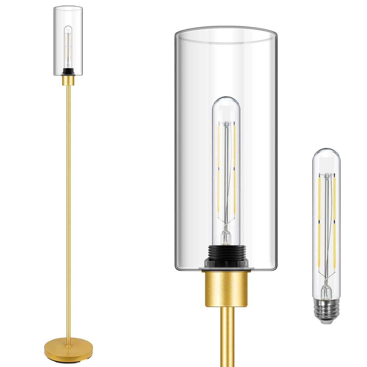 BoostArea Floor Lamp for Living Room, Gold Modern Standing Lamp Stand Up Lamp with Glass Lampshade, Simple Design Floor Lamp Pole Lamp Tall Lamps for Bedroom, Living Room, Office, Kids Room, Reading