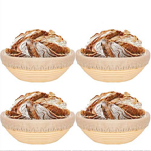 4 PCS Banneton Pain Rond Corbeille à Pain en Osier,Panier de Levée de Pain,levain de Panier en rotin Naturel Banneton,Fait à la Main en Rotin Pour la Cuisson avec empiècement en lin (Rond,20X8CM) Cover