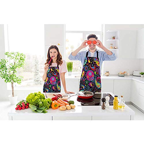 Beabes Flowers Paisley Flower Bib Apron Adjustable Neck Strap Abstract Colorful Circle Beauty Floral Folk Bouquet Pattern Polyester Work Apron Crafting Bbq Drawing Chef Waitress 27" X 31" #TOP1