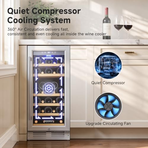 Image of BODEGACOOLER 15 Inch Single Zone Wine Fridge, 41℉ to 72℉, Holds 32 Bottles | Noise Level Below 42 dB, 6-Tier Beech Wood Shelves, Built-in or Freestanding Installation, For Home Kitchen Office