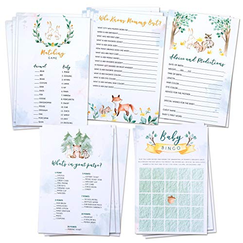 Lovely Celebrations: Woodland Themed Baby Shower Games Pack: Bingo, Matching Game, How Well do You Know Mommy?, Advice and Predictions, What's in Your Purse? 50 Each, 250 Pieces Total, Decorations