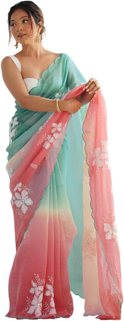 Saree for Women's Fancy 2 Tone Embroidery Siquince Bollywood Party wear Saree Indian Saree