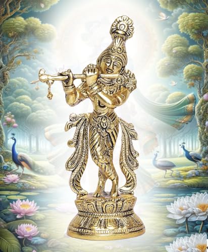 Estatua de Krishna tocando flauta, acabado dorado, 22 cm miniatura 2