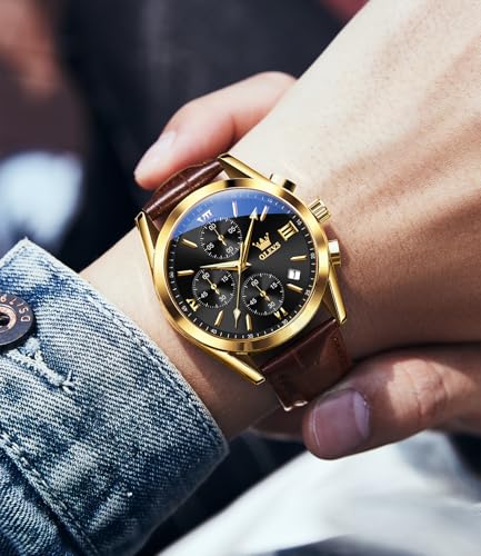Image of OLEVS Watches for Men Original Analog Quartz Stylish Brown Leather Luxury Business Chronograph Waterproof Date Mens Wrist Watch