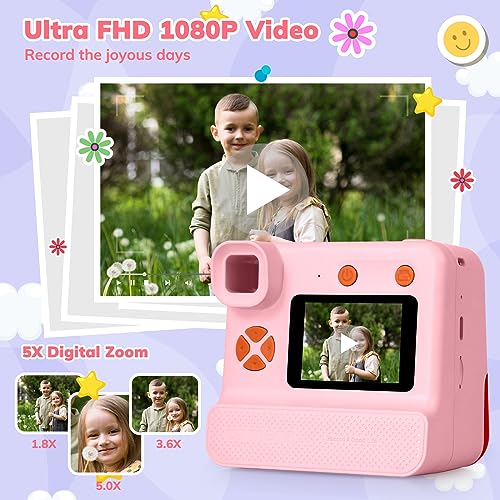 Câmera infantil com impressão instantânea, câmera de impressão digital HD 1080 para crianças com zer