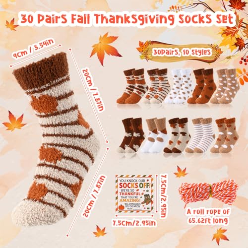Jeyiour 30 Pairs Fall Thanksgiving Socks Set Soft Fuzzy Sock with Gift Tags Stocking Fluffy Cozy Slipper Stocking Warm Winter Gift for Women2