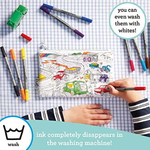 Image of eatsleepdoodle DIY Coloring Cars & Tracktors Pencil Case for Kids with 10pcs Washable Markers, Reusable Art Supply Organizer, Fun Arts & Crafts Activity for Boys & Girls, Creative Gift Idea for Ages