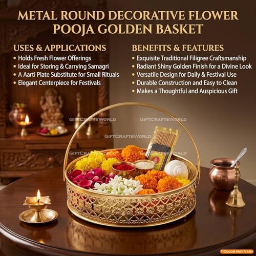Image of Multipurpose Metal Basket For Gift Hamper, Pooja Temple Storage With Sturdy Handle, Decorative Flower Organizer & Versatile Puja Utility Accessories Home Decoration (Round)