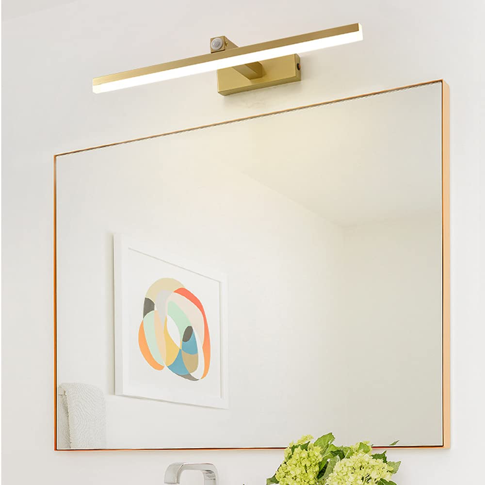 Lámpara de Espejo de baño con Interruptor y Sensor de Movimiento, IP44, Aplique de Pared de latón para Espejo de tocador, LED 4000K, Moderna luz de Espejo Dorada LED para baño.