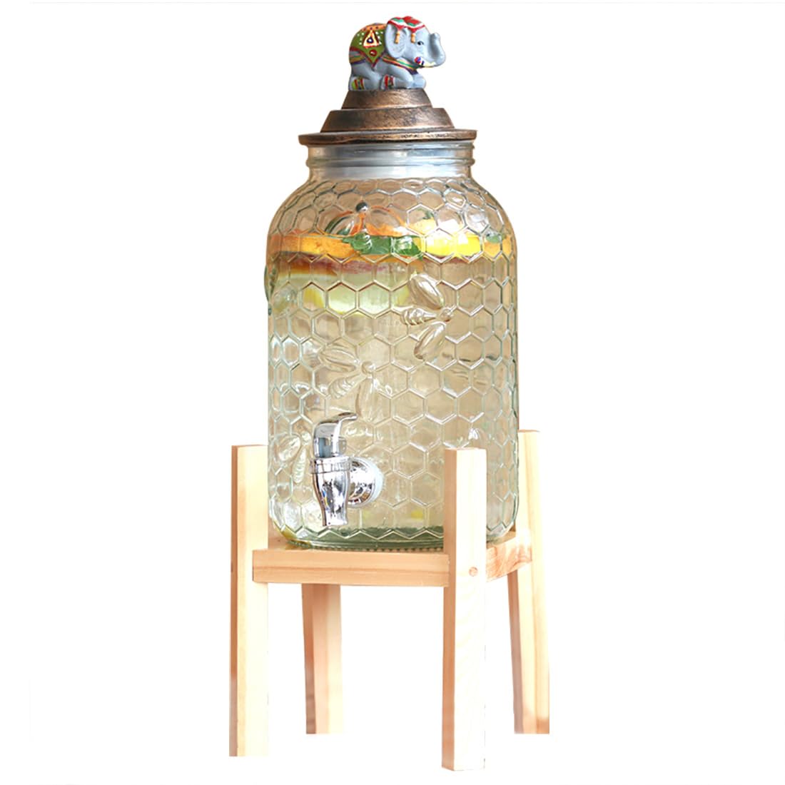AYCDL Glass Mason Jar Drink Dispenser with Leak Free Spigot 5L Capacity, for Parties, Weddings, Catering Events Butterfly Design, Ideal for Cold Beverages,Elephants-4L