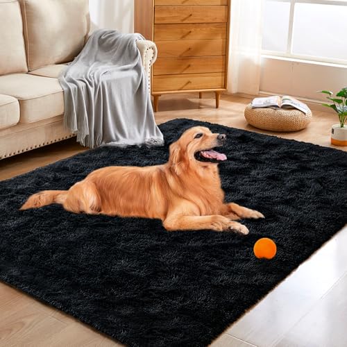 Black Rugs for Bedroom Fluffy 3x5 ft Living Room Rug Non-Slip Area Rugs Shag Carpet for Nursery Kids PlayRoom Dorm Office Indoor Modern Plush Carpets Boys