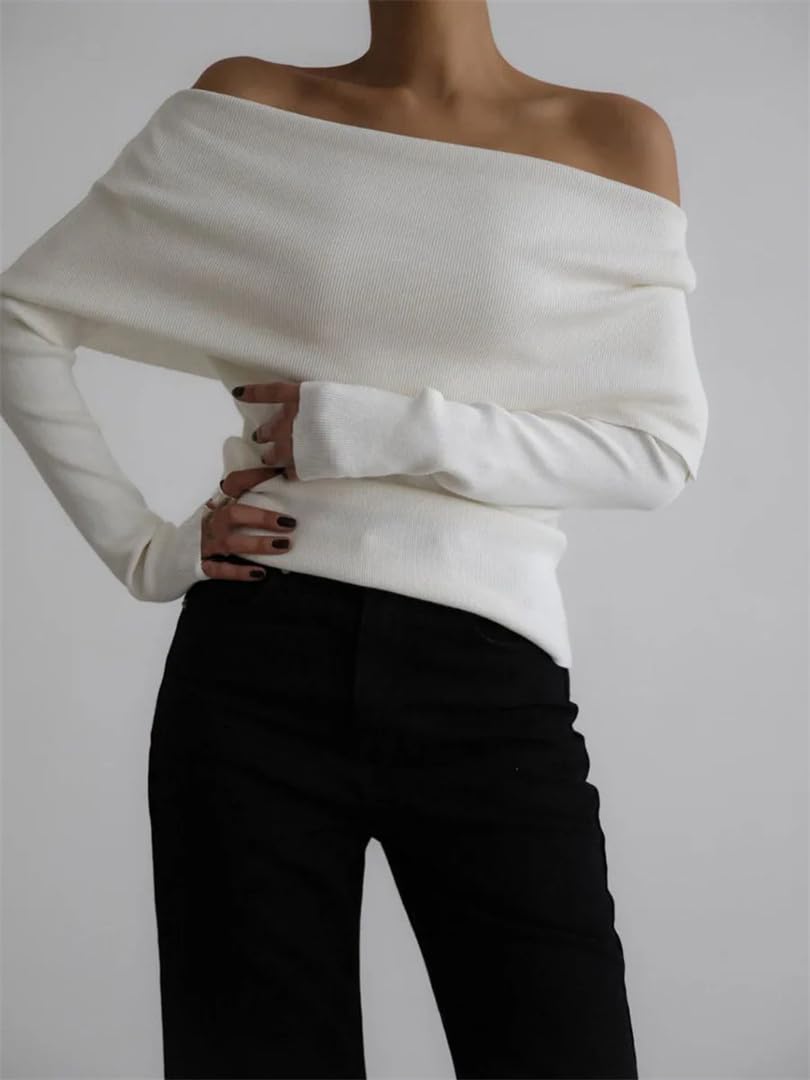 Kelsiop Maglione da donna a maniche lunghe, con spalle scoperte, vestibilità aderente, autunno inverno