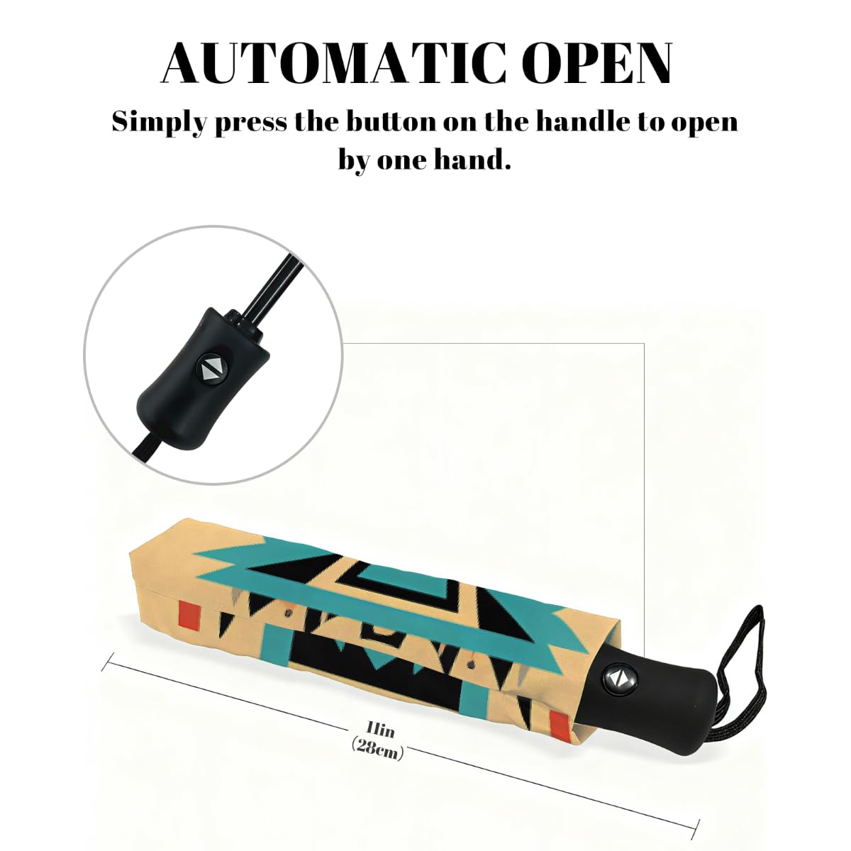 Ombrello pieghevole da viaggio con motivo etnico azteco, compatto, antivento, impermeabile, con protezione UV, rivestimento nero, leggero, 8 costine, portatile, per pioggia e sole