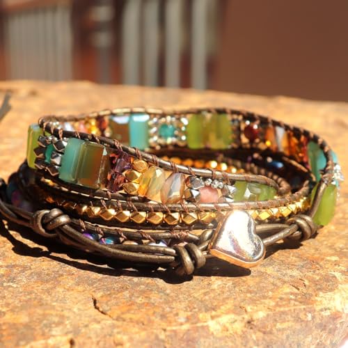 Image of YGLINE Boho Handmade Wrap Leather Tube Crystal Stone Bracelet for Women