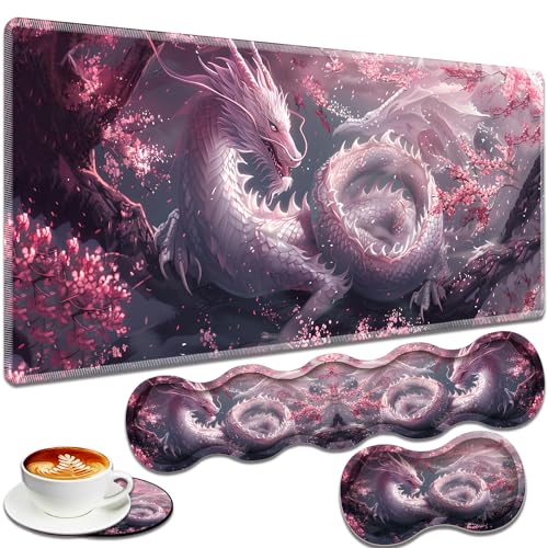 Large Gaming Mouse Pad + Keyboard Wrist Rest + Wrist Support + Coaster Set, Memory Foam Ergonomic for Easy Typing, XXL Extended Gaming Mouse Pad Table Pad - Cherry Pink Dragon