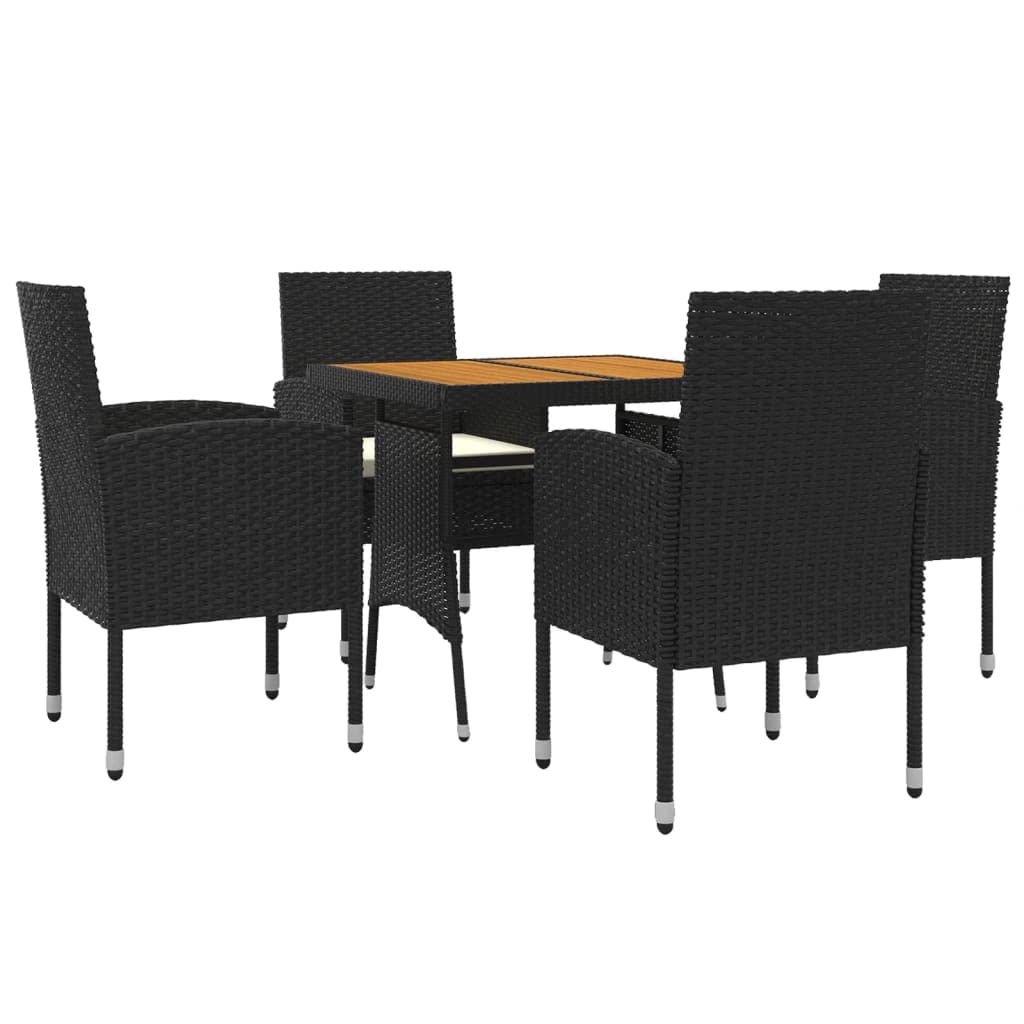 Conjunto de comedor de jardín de ratán sintético negro con marco de acero resistente, ratán de polietileno resistente al agua y tablero de madera de acacia, incluye cojines para asientos de