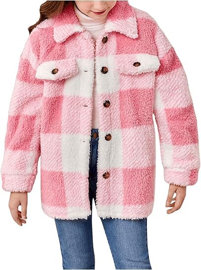 Girls Plaid Coat Long Sleeve Button Warm Fall Winter Jacket Fashion Pink Coats Outerwear for 8-12Y